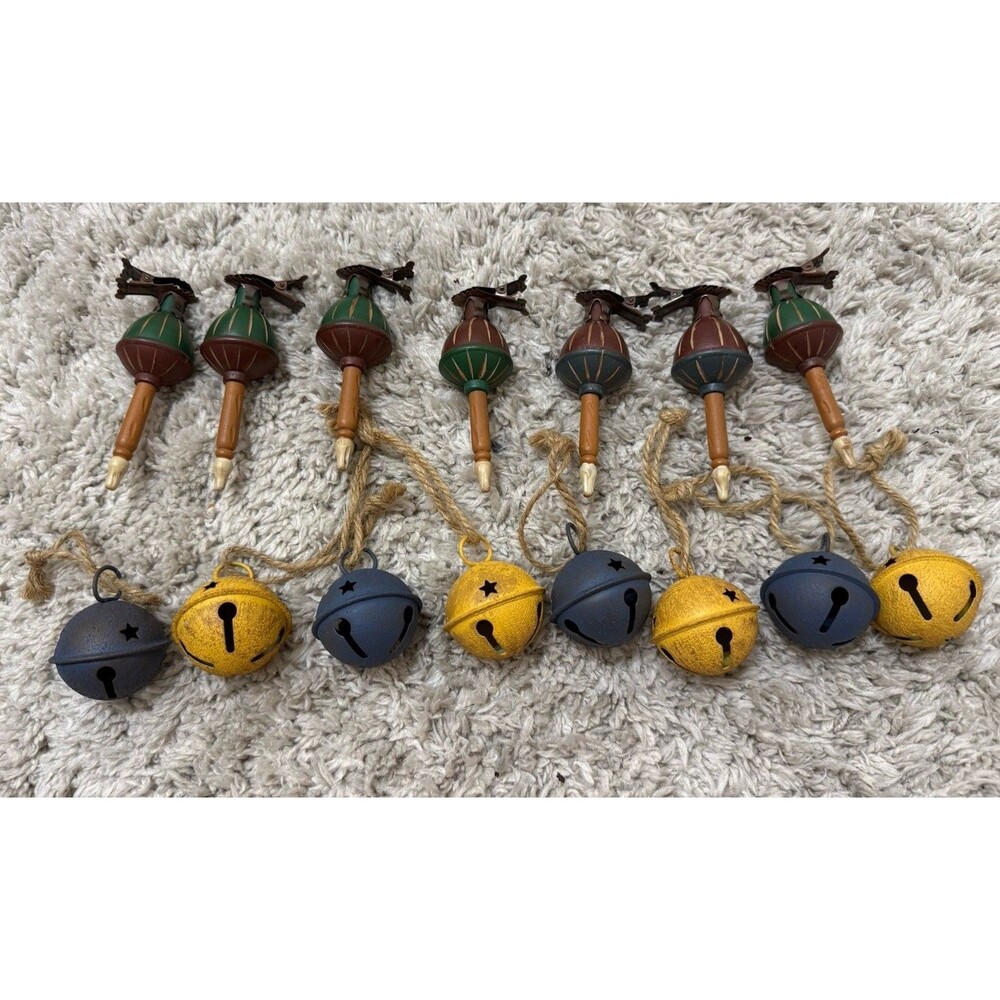JINGLE BELLS And Spinning Top Vtg Ornaments Lot Primitive X 15 Christmas Decor
